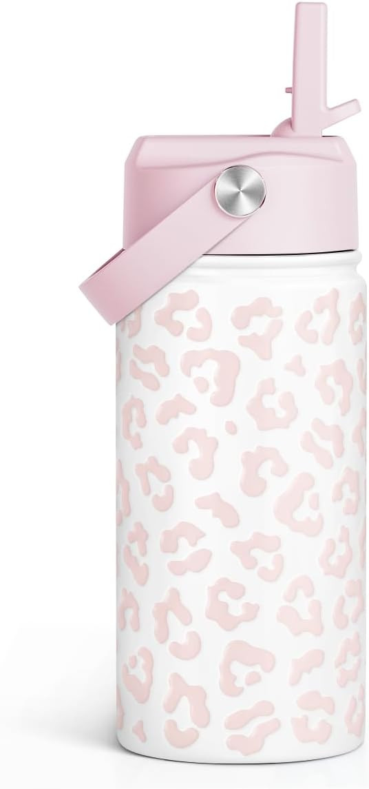 Beige Leopard Print Kids Water Bottle with Straw Lid 12oz Insulated Stainless Steel, Travel Tumbl... | Amazon (US)