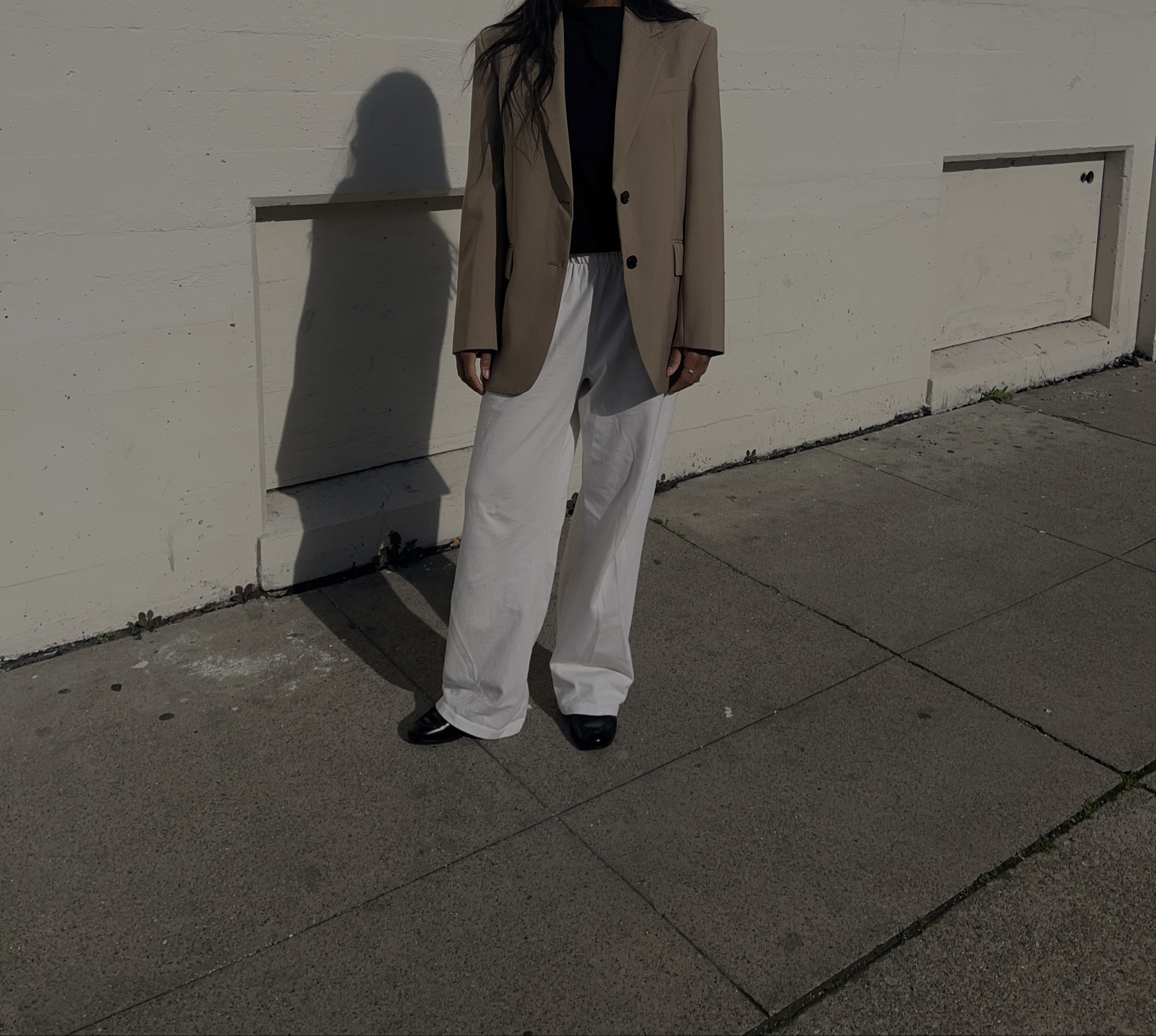 tan blazer from Zara, black t shirt, white pants from brandy Melville, black thrifted loafers. 

#LTKstyletip