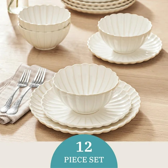 The Pioneer Woman Colette 12-Piece Stoneware Dinnerware Set, Cream | Walmart (US)