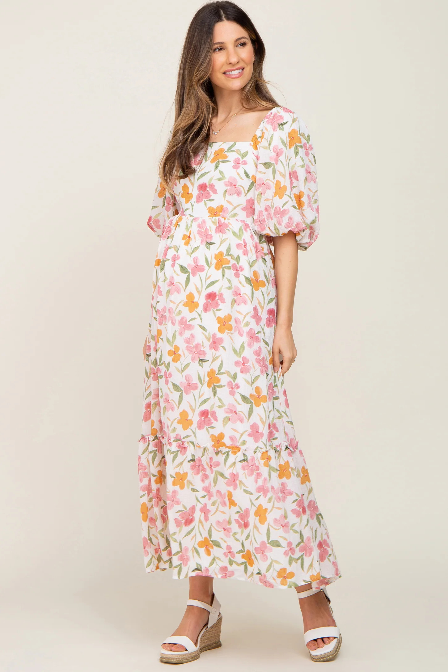 White Floral Puff Sleeve Maternity Maxi Dress | PinkBlush Maternity
