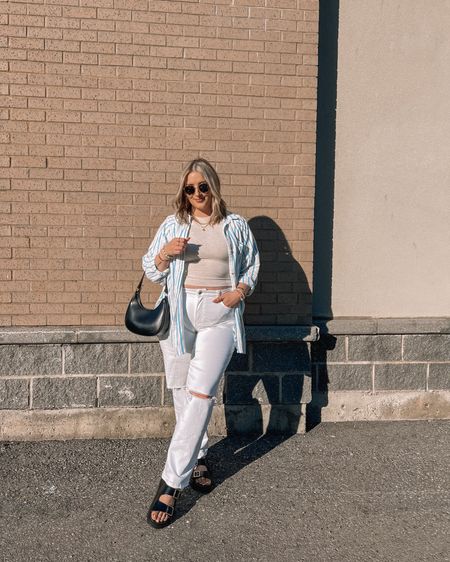 Casual midsize spring to summer outfit 
Tee - L (part of a matching set)
Button up shirt - L
White baggy jeans - 14
Chunky black sandals - TTS


#LTKcanada #LTKsummer #LTKmidsize