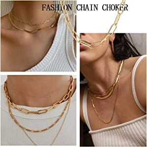 Gold Chain Necklace and Bracelet Sets for Women Girls Dainty Link Paperclip Choker Jewelry | Amazon (US)