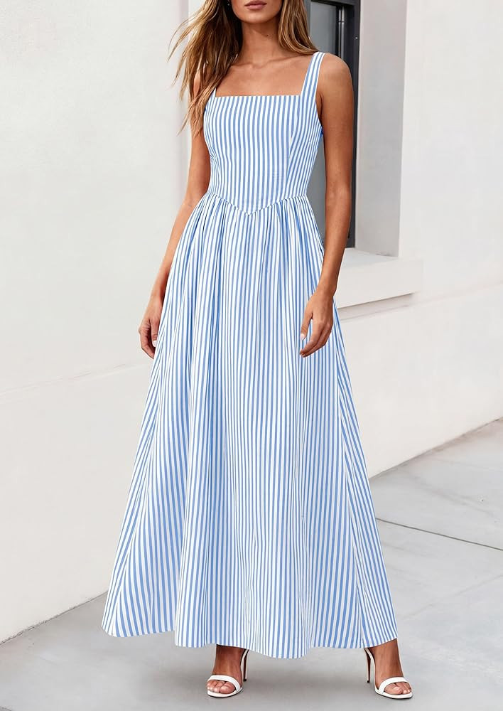 PRETTYGARDEN Women's Maxi Dress Summer Striped Sundress 2026 Spring Smocked A Line Long Flowy Bea... | Amazon (US)