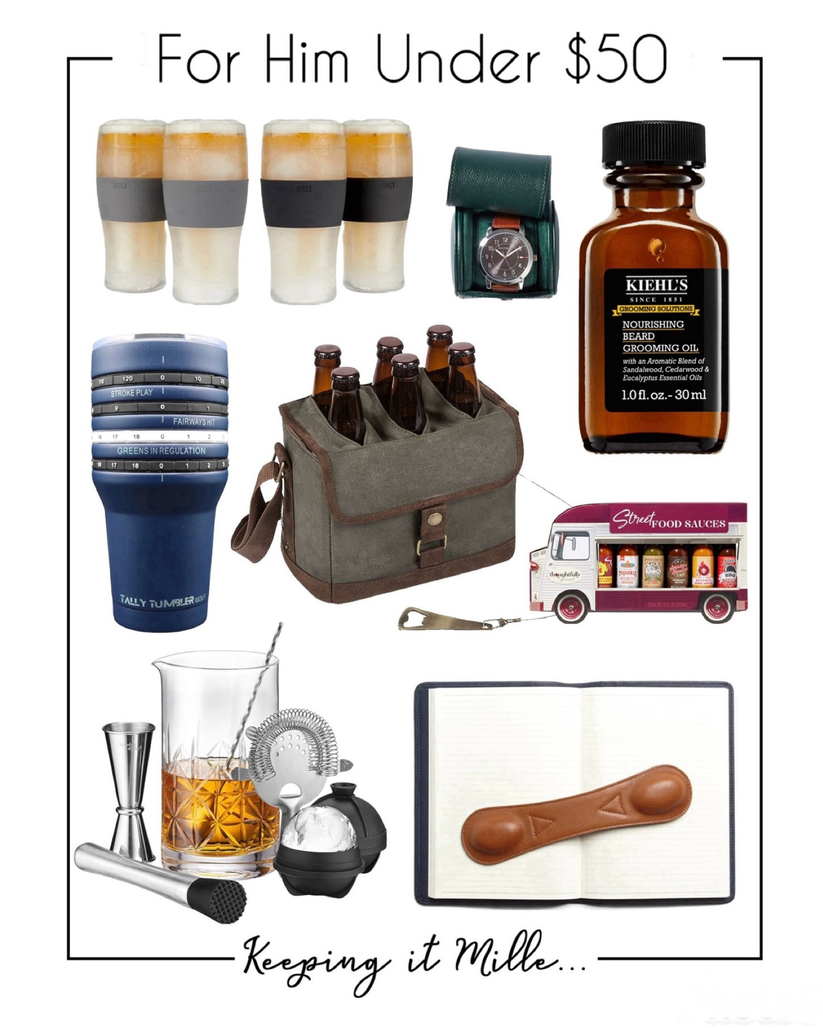 Gifts for him for under $50. Beer glasses, watch case, beard oil, golf tumbler, leather book weight

Christmas, Hanukkah, Kwanzaa