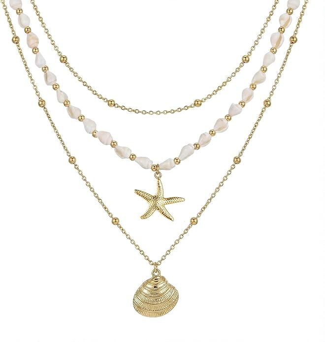 Seashell Starfish Necklace for Women Conch Shell Summer Pearl Beach 14k Gold Layered Dainty Choke... | Amazon (US)
