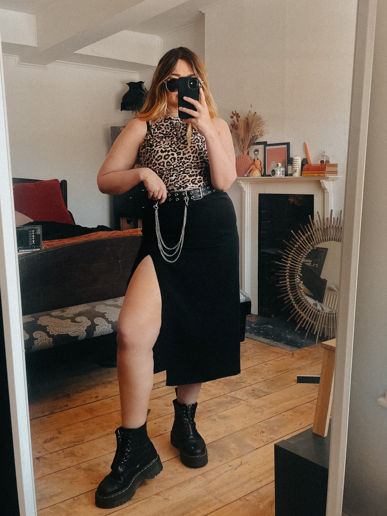 Leopard top, black split midi skirt and chain belt. Alternative style summer outfit.

#LTKeurope #LTKunder50 #LTKSeasonal