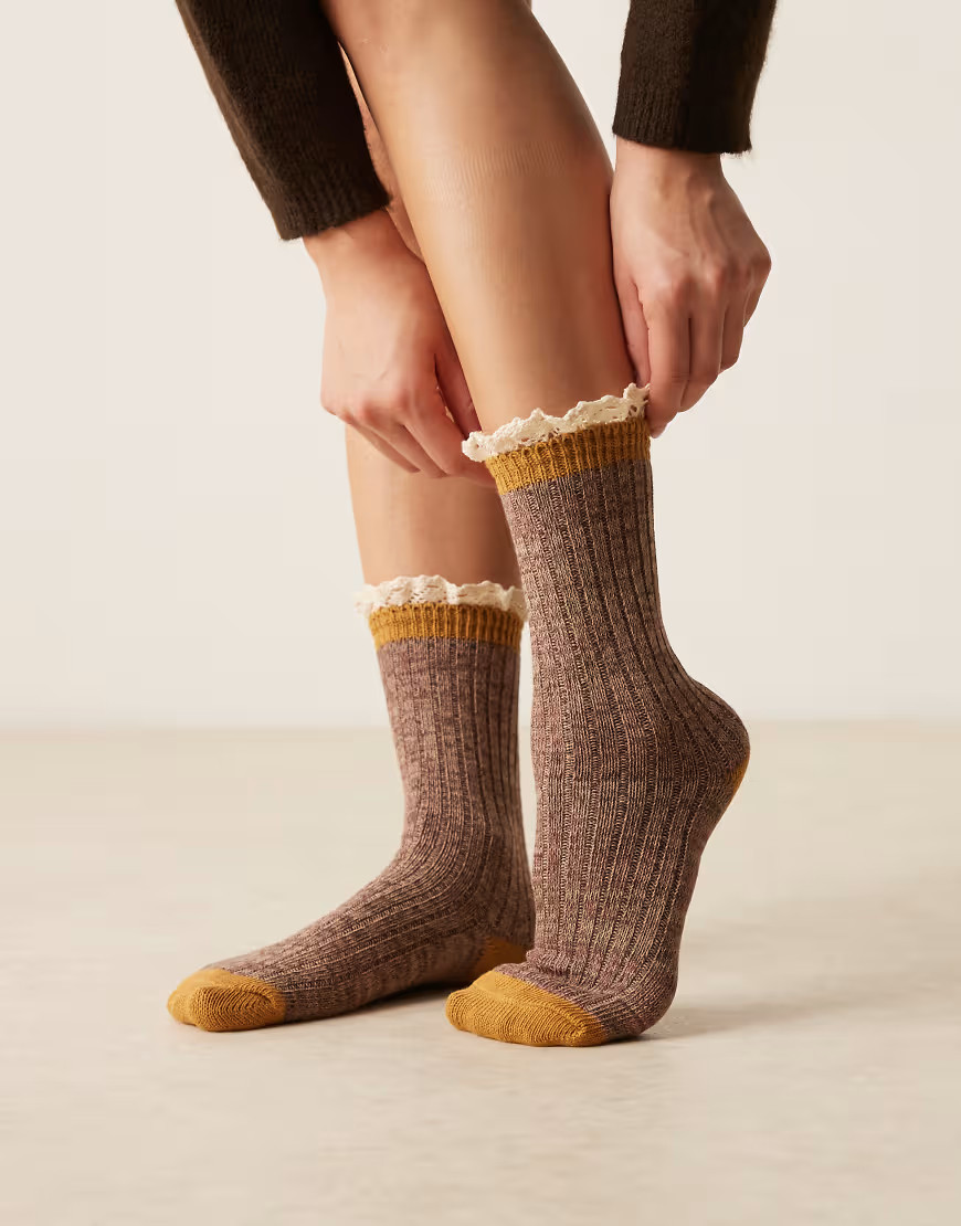 ASOS DESIGN cosy ribbed socks with crochet frill edge in yellow and brown-Multi | ASOS (Global)