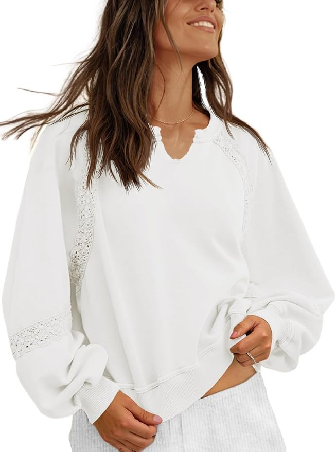 Fisoew Womens Oversized Sweatshirt Casual V Neck Lace Lantern Long Sleeve Cropped Loose Fit Fall ... | Amazon (US)