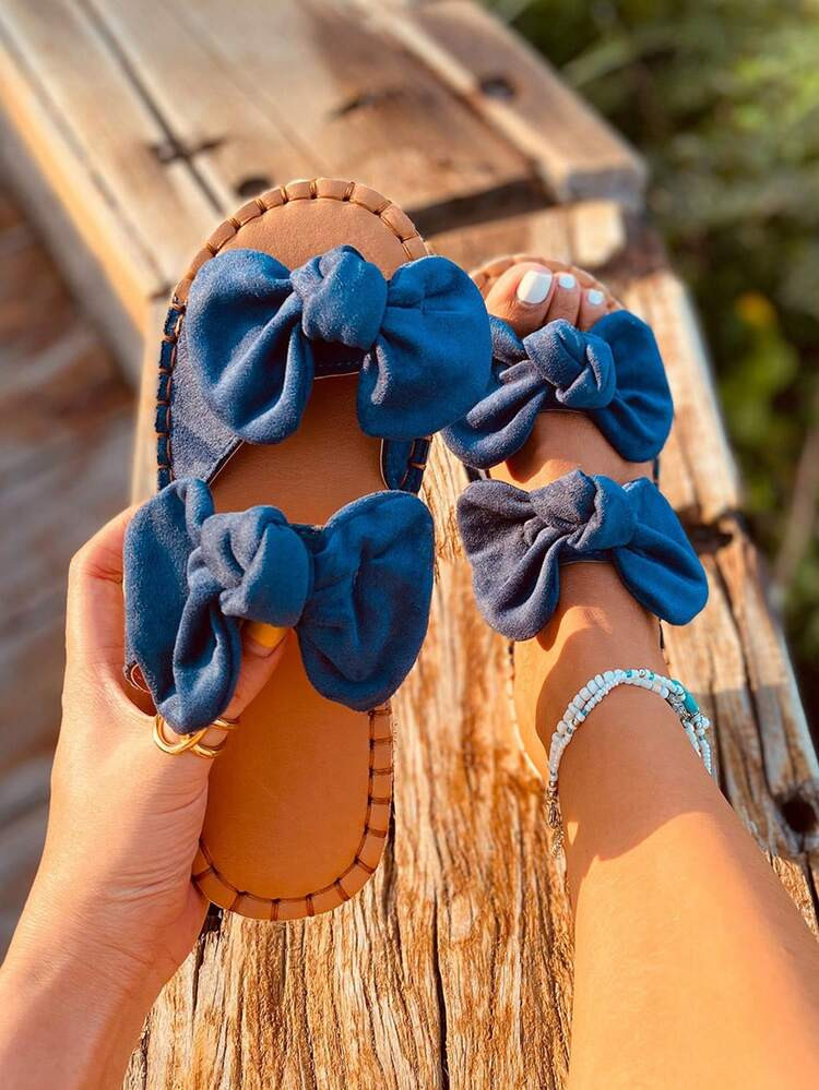 Women Double Bow Decor Flat Sandals, Vacation Faux Suede Slide Sandals | SHEIN