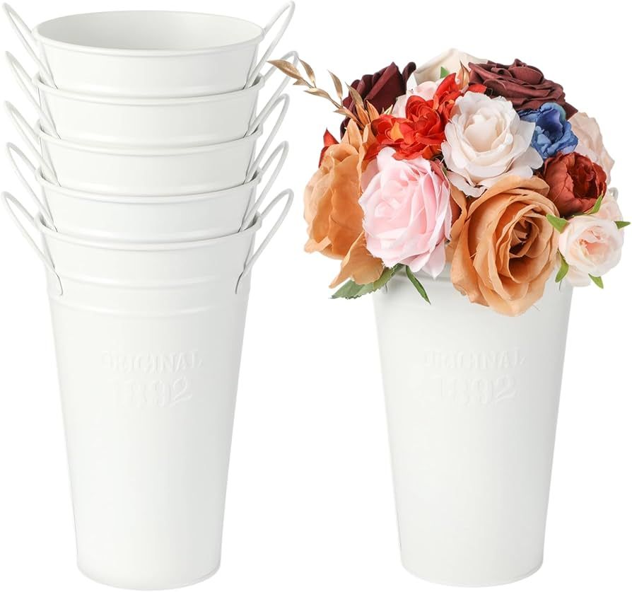 6 Pcs White Metal Flower Buckets,Galvanized Metal Vases,7.9 Inches Flower Vase with Handles, Fren... | Amazon (US)