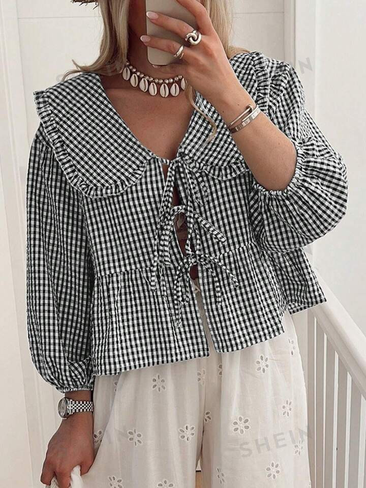 SHEIN Essnce Ladies' Peter Pan Collar Plaid Shirt With Self-Tie, Ruffle Trim, Button Down, Long S... | SHEIN