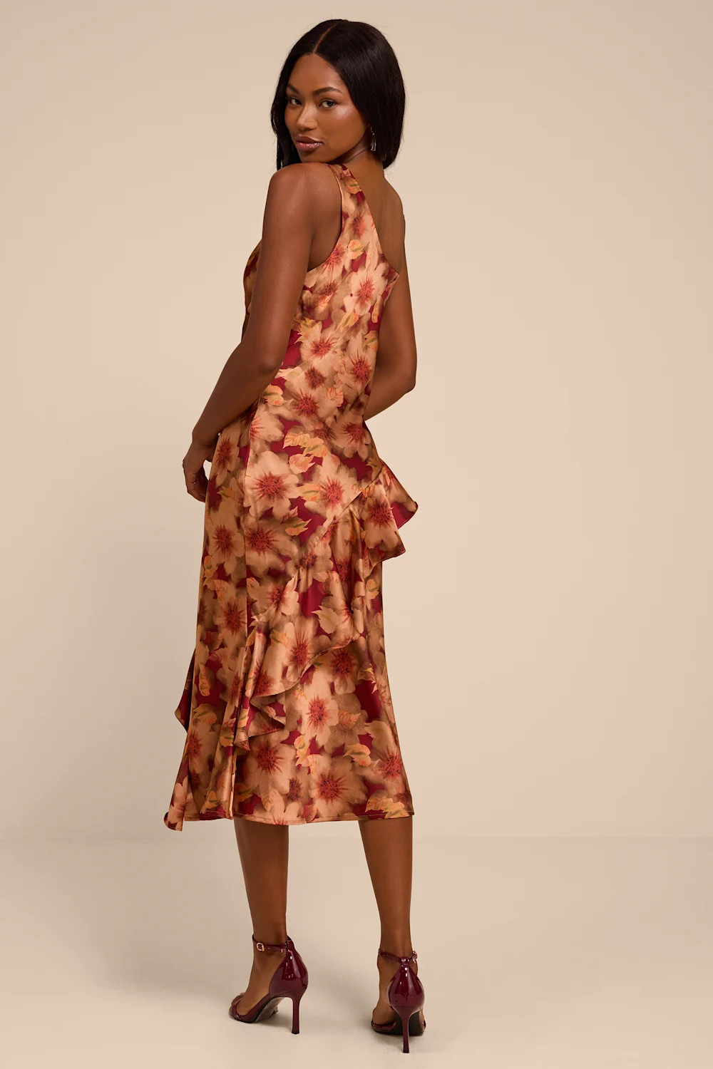 Roxanne Rust Multi Floral Satin Asymmetrical Midi Dress | Lulus