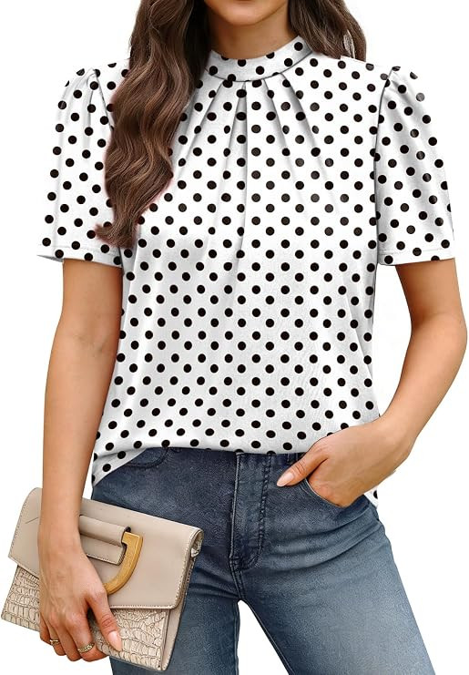 WIHOLL Womens Tops Short Puff Sleeve Shirts Mock Neck Pleated Spring Blouses Dressy Casual Busine... | Amazon (US)