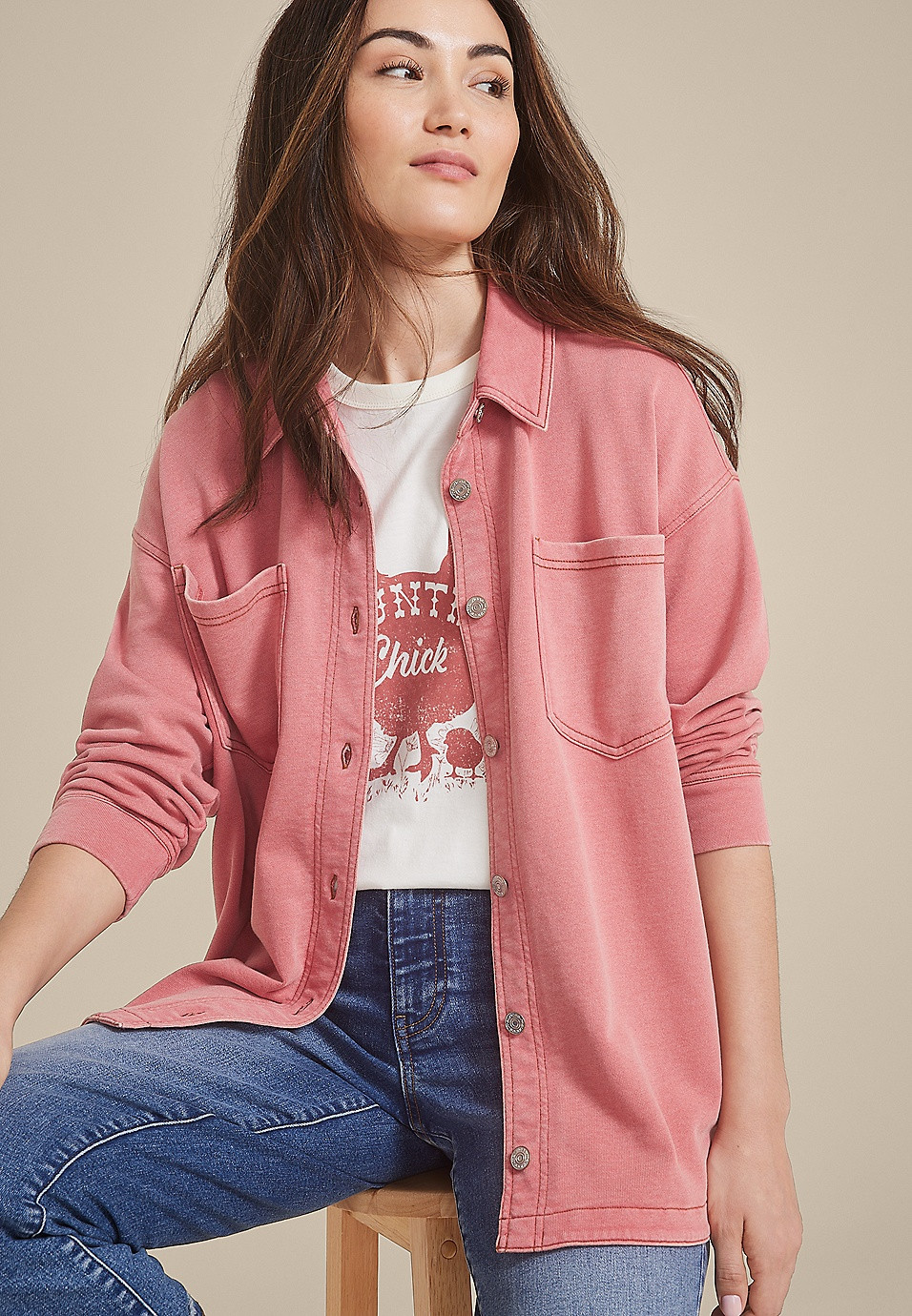 Washed Knit Denim Shacket | Maurices