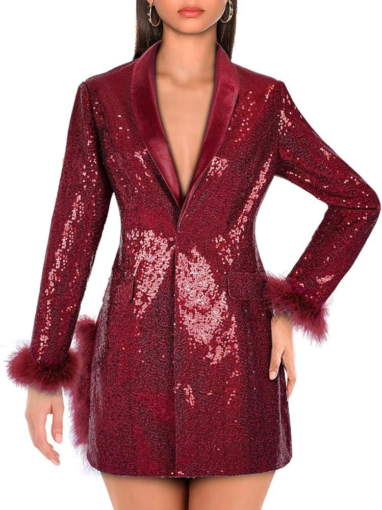 Women Sequin Jacket Long Sleeved Slim Blazer with Pocket | Amazon (US)