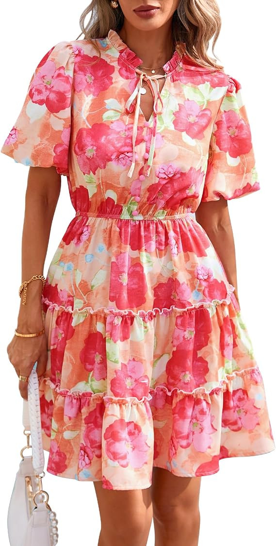 BTFBM Women Summer Floral Short Dresses V Neck Short Sleeve Tiered Ruffle Boho Swing Dress A-Line... | Amazon (US)