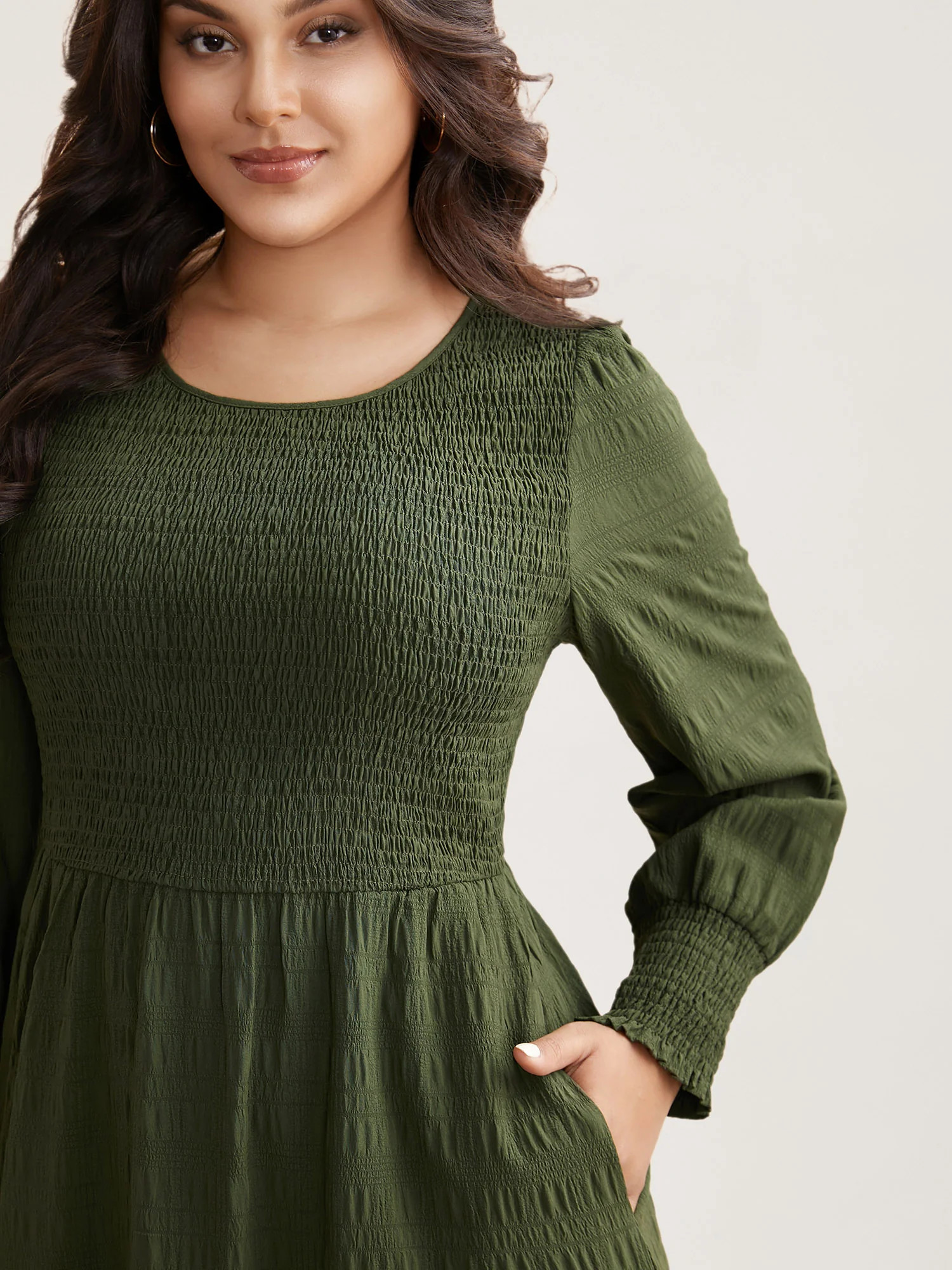 Plain Textured Shirred Midi Dress | Bloomchic