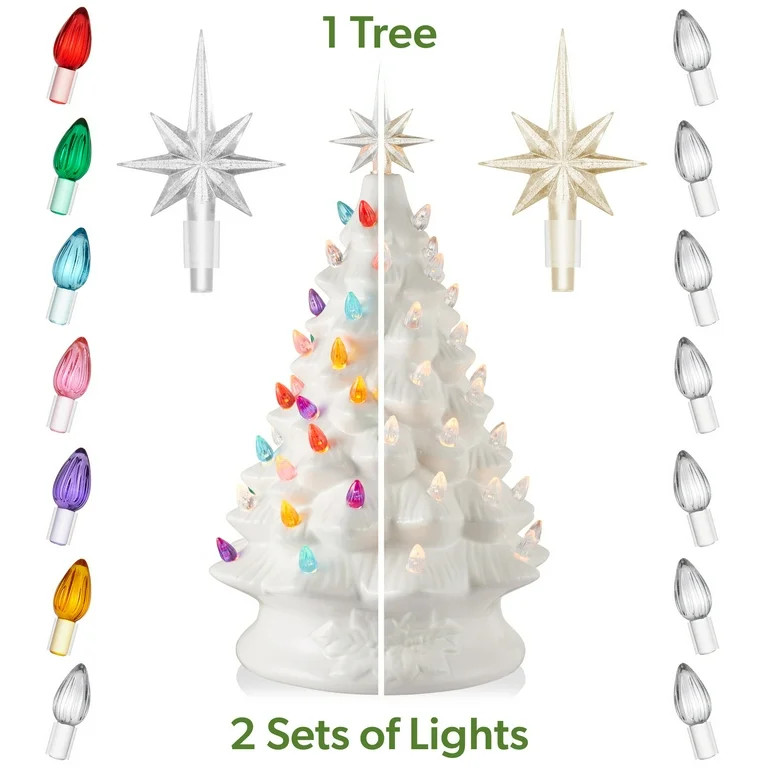 15" Hand Painted Ceramic Christmas Tree, White Pre-Lit Tree, 128 Multi Color Lights, 2 Star Toppe... | Walmart (US)