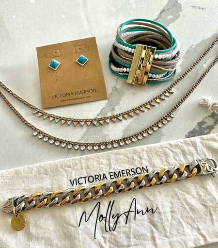 The new Molly Ann x Victoria Emerson collection is beautiful! Just in time for gifts! Great stocking stuffer ideas for women’s and teens! I LOVE the two toned bracelets and the necklace set! Pops of turquoise are pretty for any occasion. @victoriaemerson wrap bracelet, chain bracelet, studded necklace. 

Gift guide for women, gift guide for teens, gift guide for preteen 

#LTKHolidaySale #LTKGiftGuide #LTKworkwear