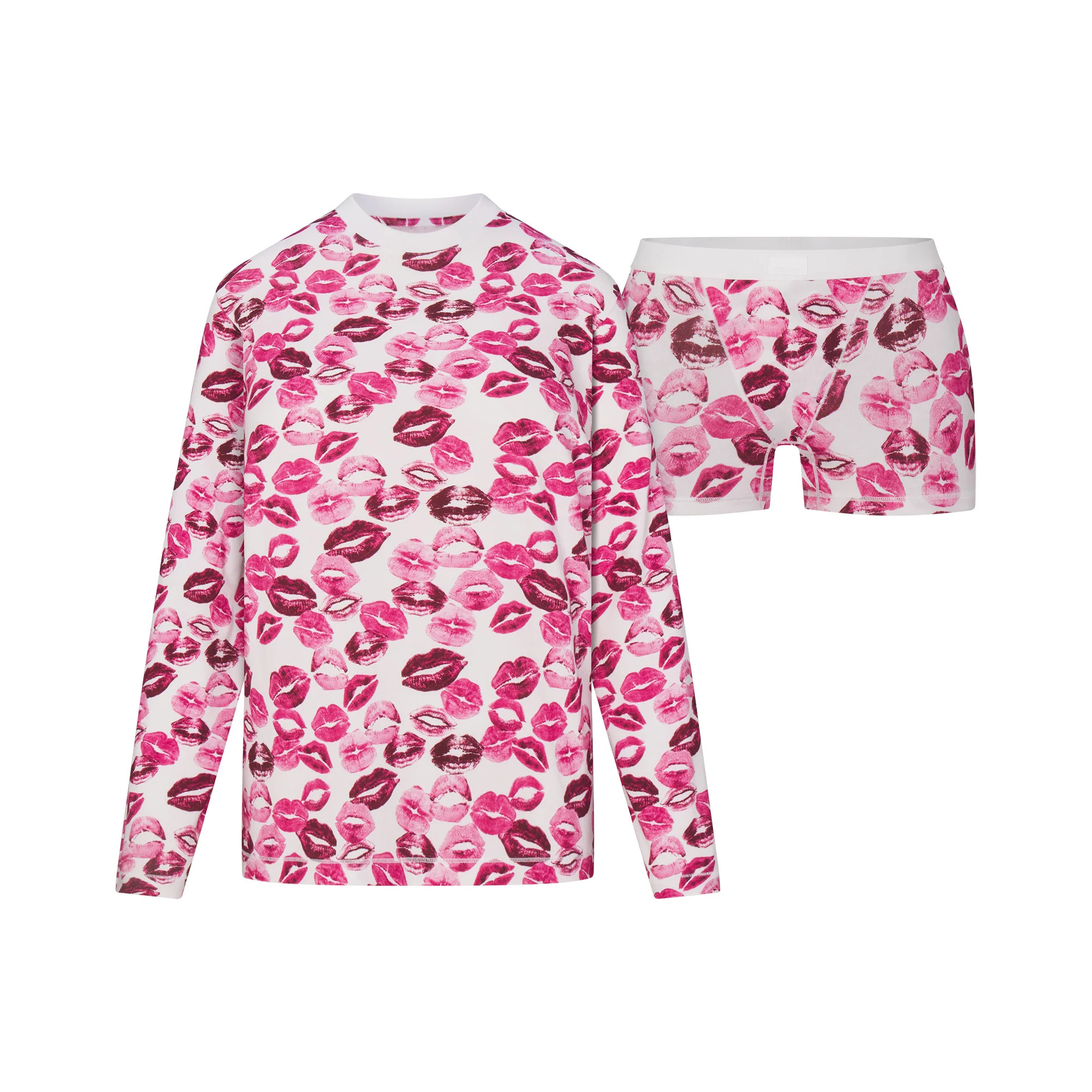 BOYFRIEND LONG SLEEVE T-SHIRT AND SHORT BOXER SET | PINK ALLOVER LIPSTICK | SKIMS | SKIMS (US)