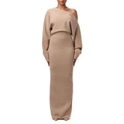 Naked Wardrobe One-Shoulder Long Sleeve Maxi Sweater Dress in Black at Nordstrom, Size Medium | Nordstrom