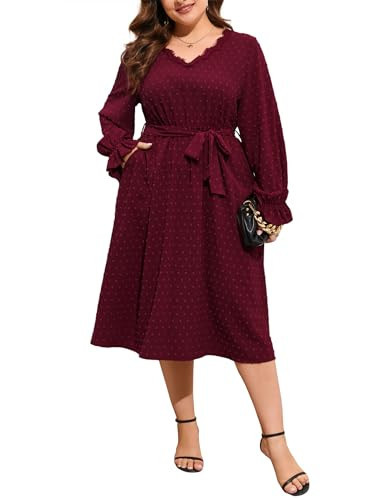 ShopWonder Plus Size Womens V Neck Long Sleeve Swiss Dot Boho Dress Empire Waist Ruffle Flowy A Line Midi Dress Wine Red 2XL | Amazon (US)