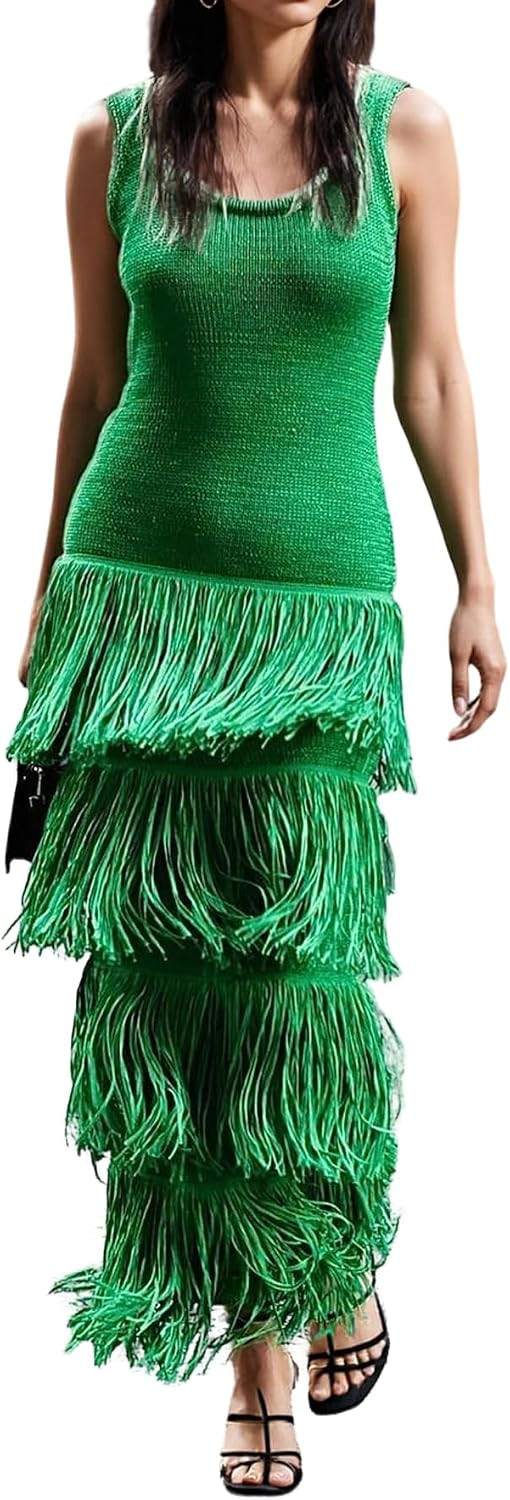 LAJIOJIO Fringe Dress Women Sleeveless Crochet Knit Casual Vacation Dresses | Amazon (US)