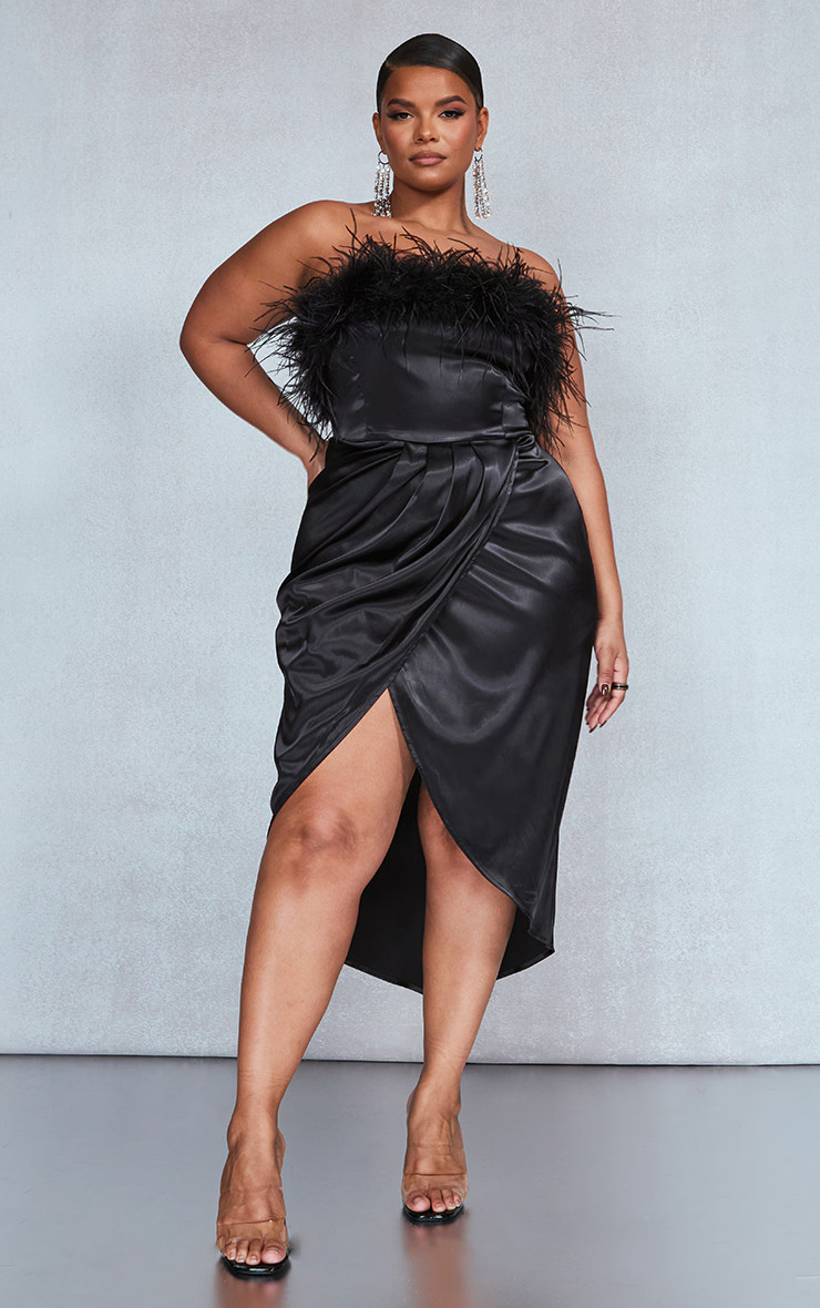 Plus Black Feather Trim Bandeau Draped Wrap Dress | PrettyLittleThing US