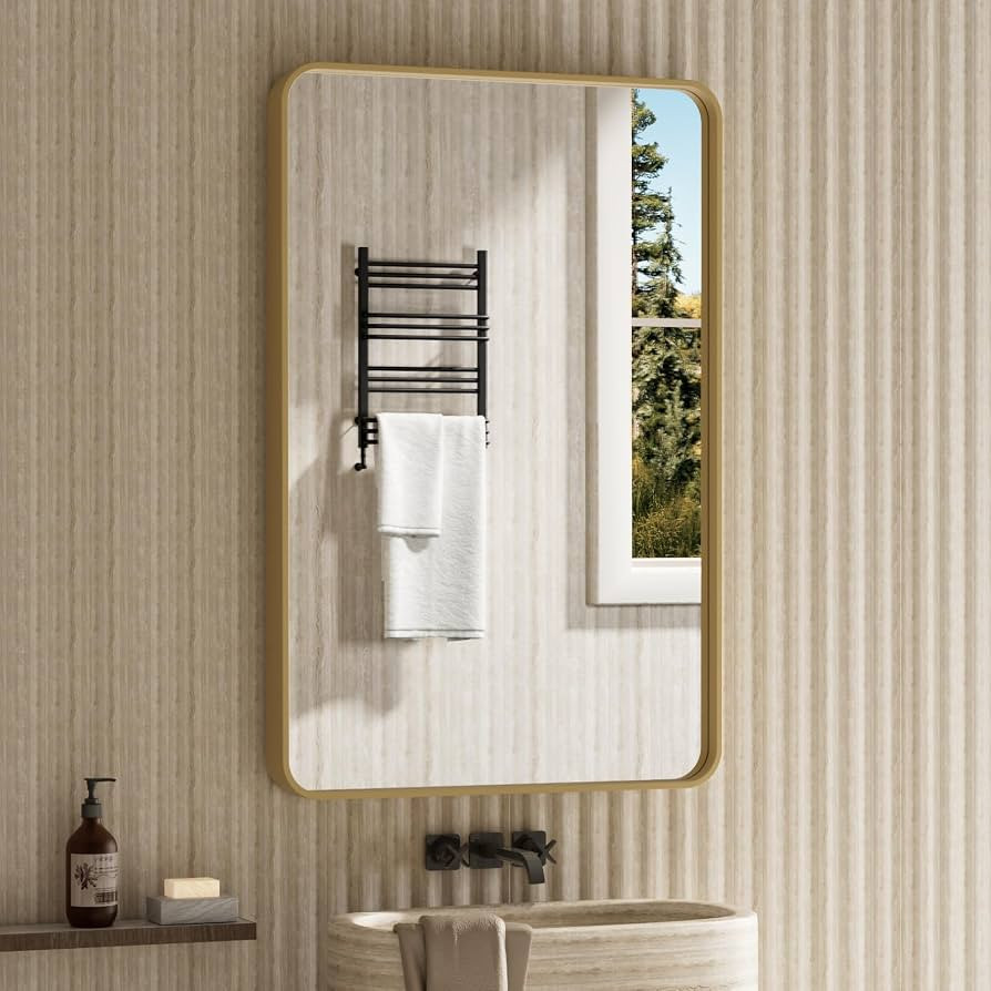 Brushed Gold Bathroom Mirror, 20 x 30 Inch Wall Mounted Vanity Mirror with Rounded Corner Metal F... | Amazon (US)