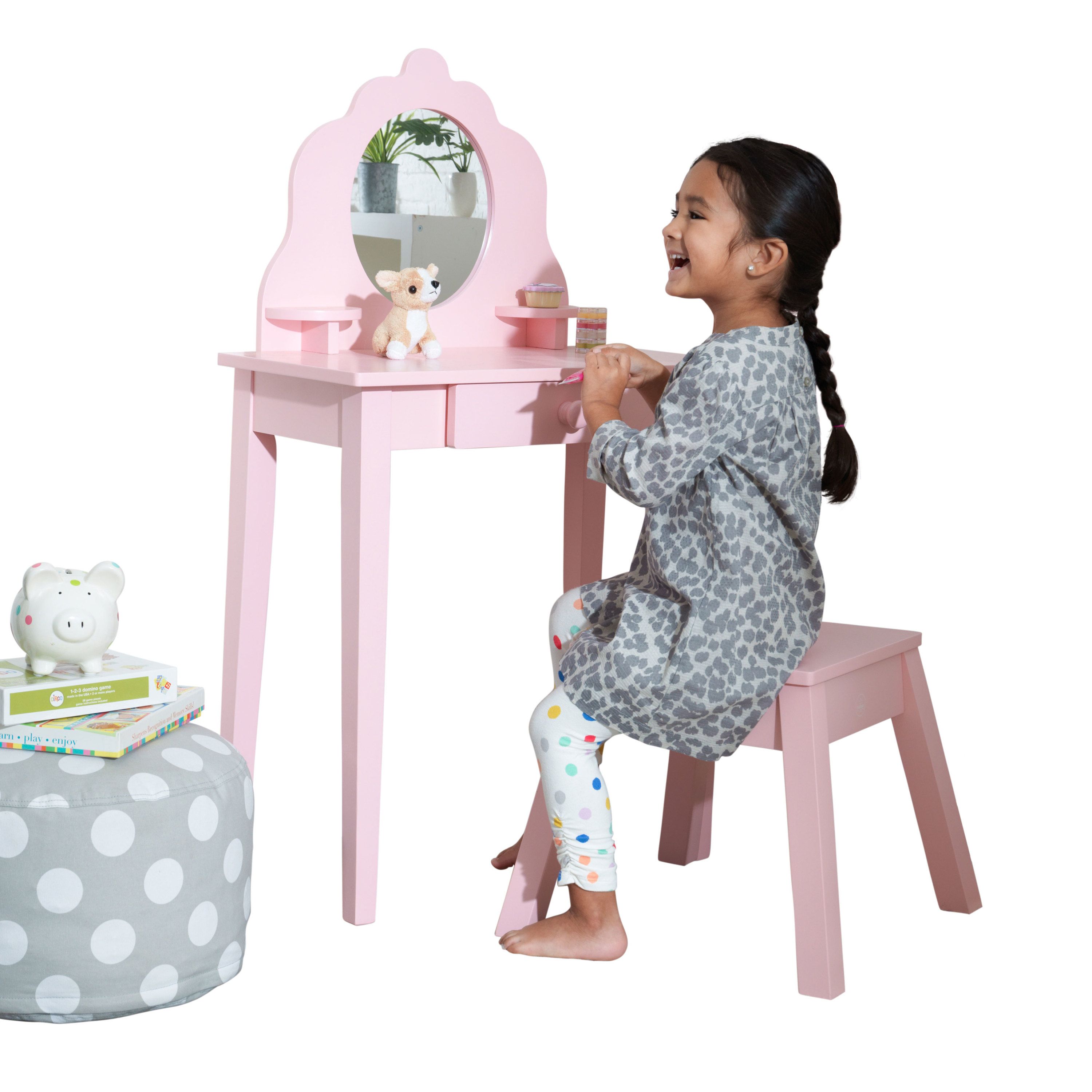 KidKraft Medium Wooden Bedroom Vanity & Stool - Pink | Walmart (US)