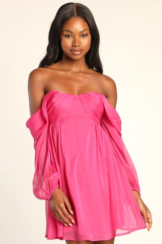 Dream Desire Hot Pink Off-the-Shoulder Long Sleeve Mini Dress | Lulus (US)