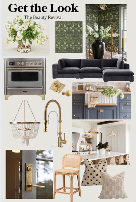 Get the Look for Less
Green floral wallpaper from Joanna Gaines mini reni, charcoal grey black sectional, ridge farmhouse sink, beaded chandelier, brass modern European faucet, white cone pendant, wicker bar stool, boho pillows, stainless steel and brass handles 

#LTKsalealert #LTKhome