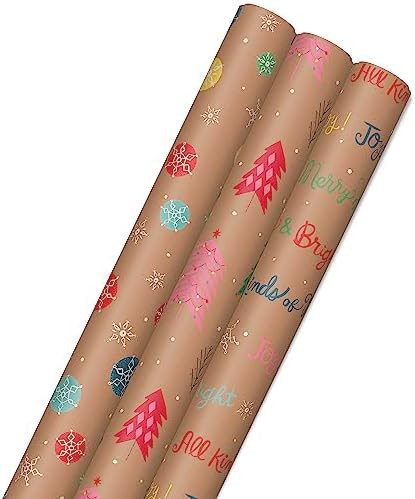 Hallmark Christmas Wrapping Paper Rolls, Brown Kraft Holiday Gift Wrap (Pack of 3: 90 sq. ft. ttl... | Amazon (US)