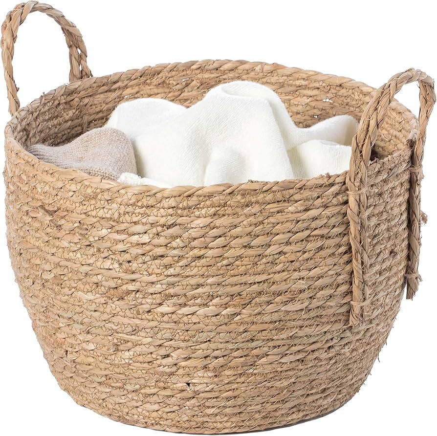 Vintiquewise Decorative Round Wicker Woven Rope Storage Blanket Basket with Braided Handles - Med... | Amazon (US)