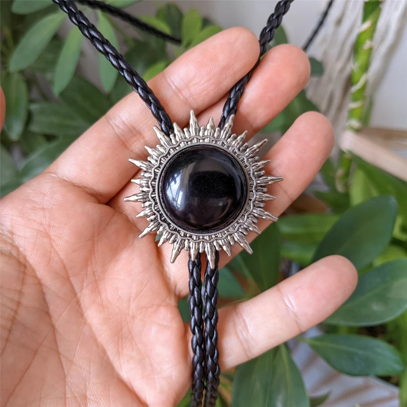 Black Onyx Sun Pattern Bola BOLO Tie - Necklace Wedding for Men Women Groomsmen Bridegroom - West... | Etsy (US)