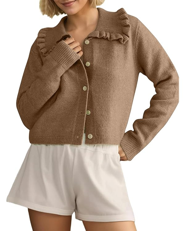 Women Ruffle Collar Cardigan Sweater Button Up Open Front Fall Cropped Sweaters Long Sleeve Butto... | Amazon (US)