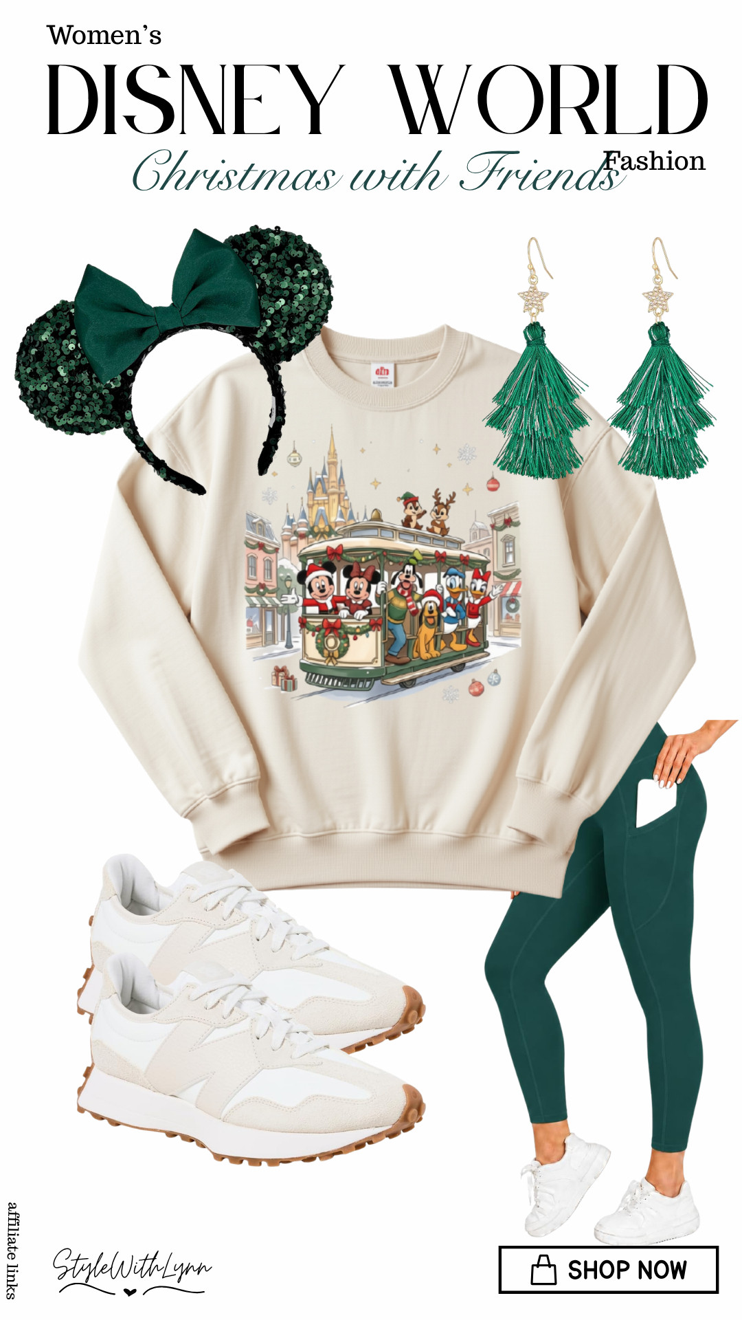This cozy Disney Christmas outfit pairs the cutest character sweatshirt with festive green accessories, comfy leggings, and sneakers, perfect for a day in the parks. 🎀🎄 Shop the full look! 🛍️ 

 #LTKootd #LTKmomlife #LTKSeasonal