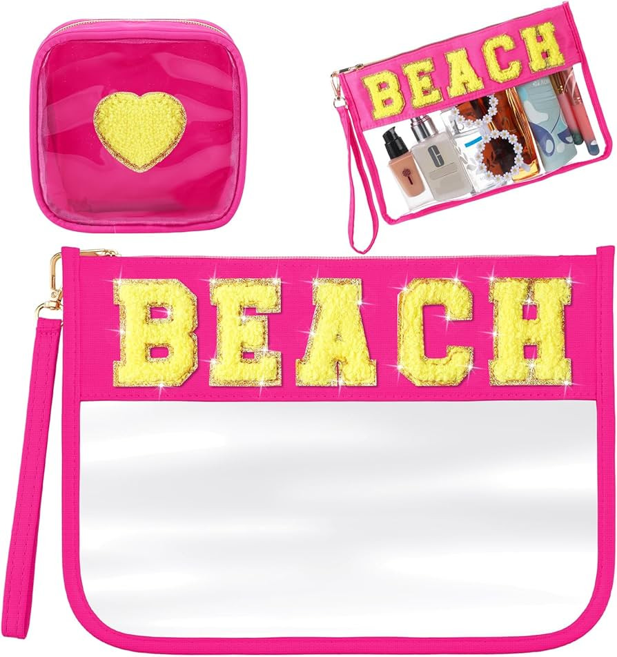 Hillban 2 Pcs Beach Makeup Bag Clear Cosmetic Toiletry Pouch Chenille Letter Patch Bags Preppy Su... | Amazon (US)