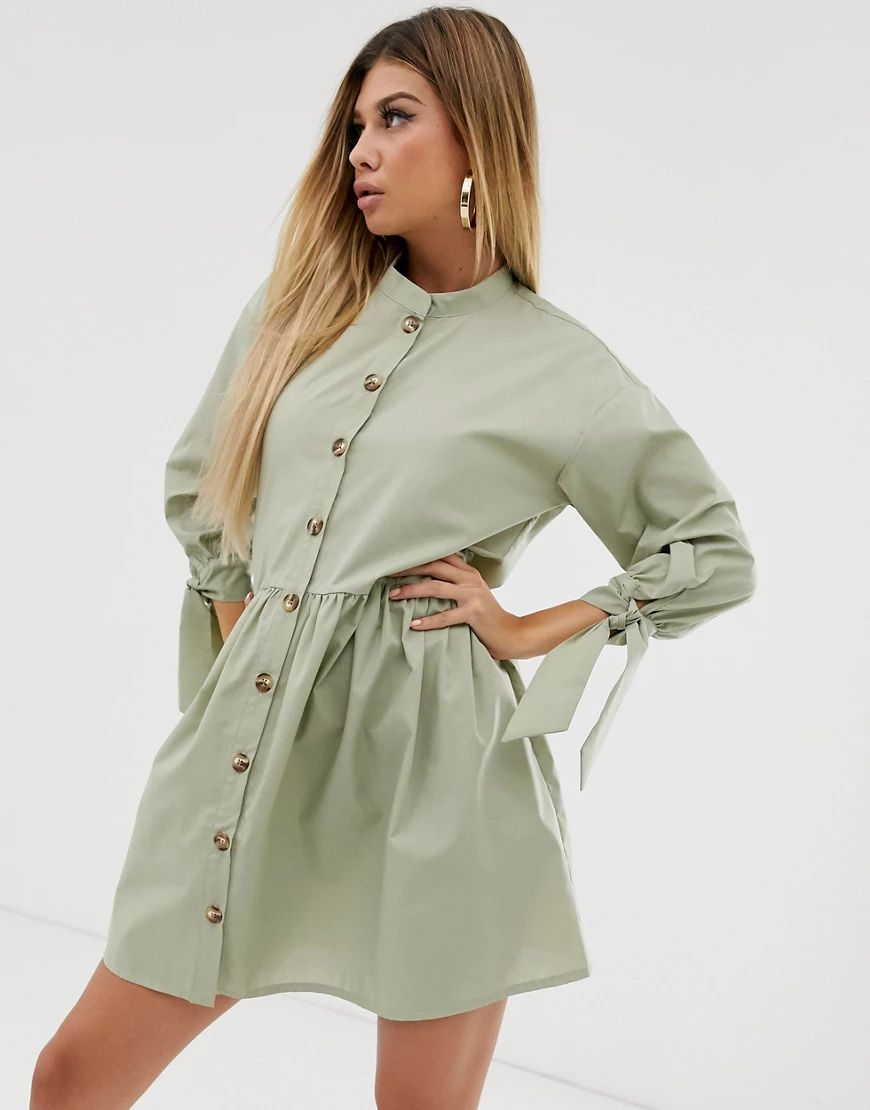 ASOS DESIGN grandad collar button through mini smock dress with tie sleeve-Green | ASOS (Global)