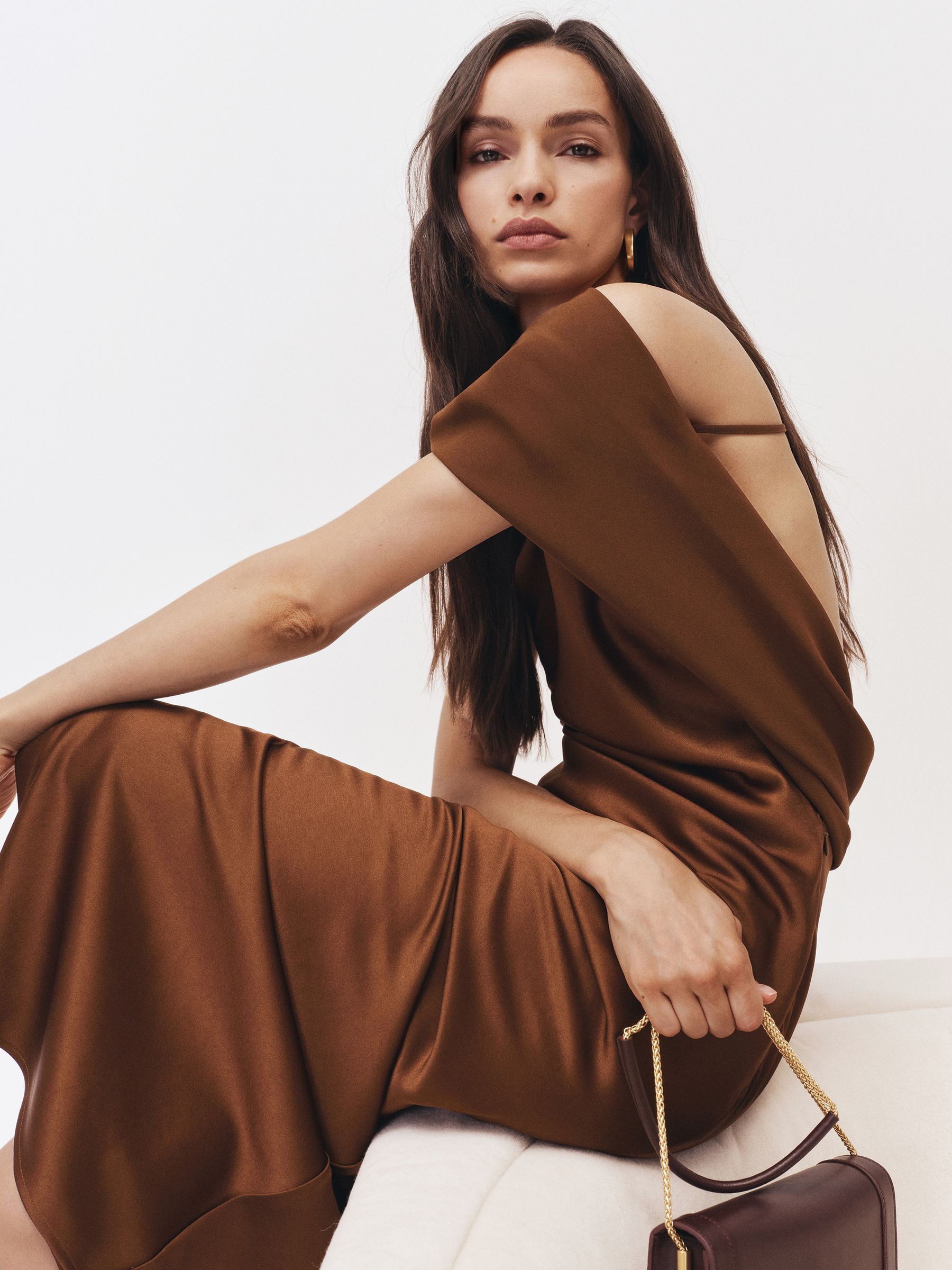 Reiss Back Detail Midi Dress in Bronze - REISS | Reiss UK