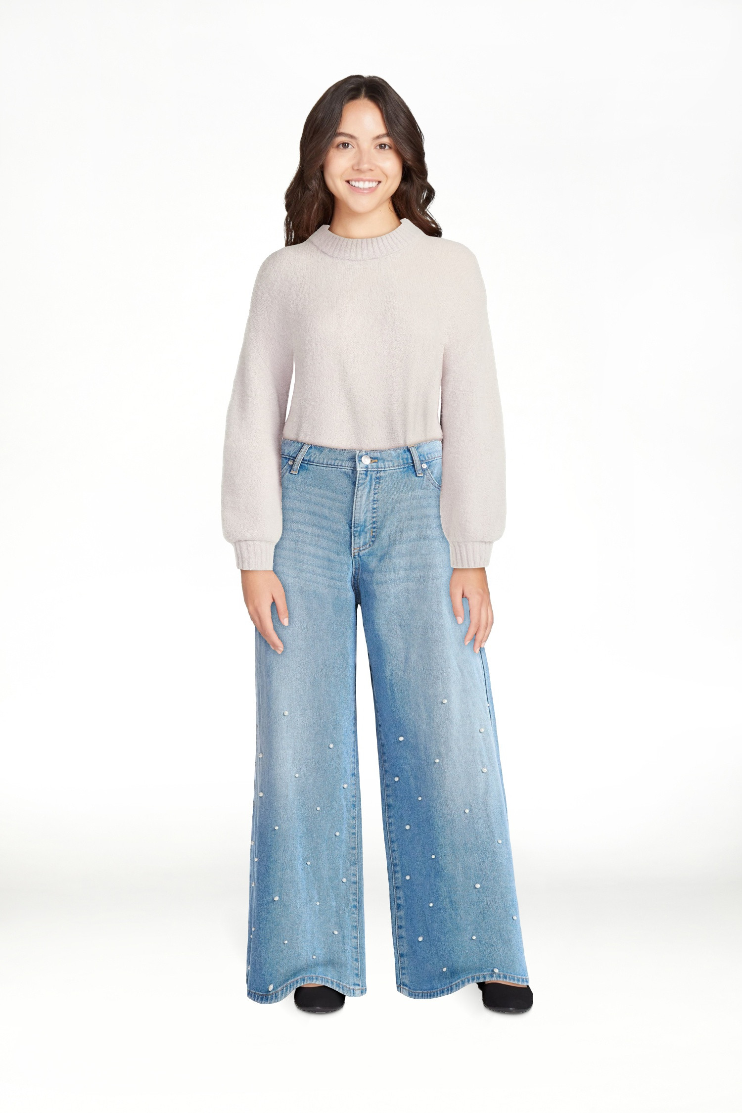 Scoop Women's and Women’s Plus Wide Leg Jeans with Faux Pearl Accents, Sizes 0-26W | Walmart (US)
