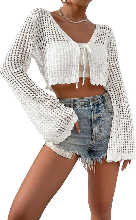SHENHE Women's Tie Front Tops Bell Long Sleeve Knit Crochet Cardigan Crop Top | Amazon (US)