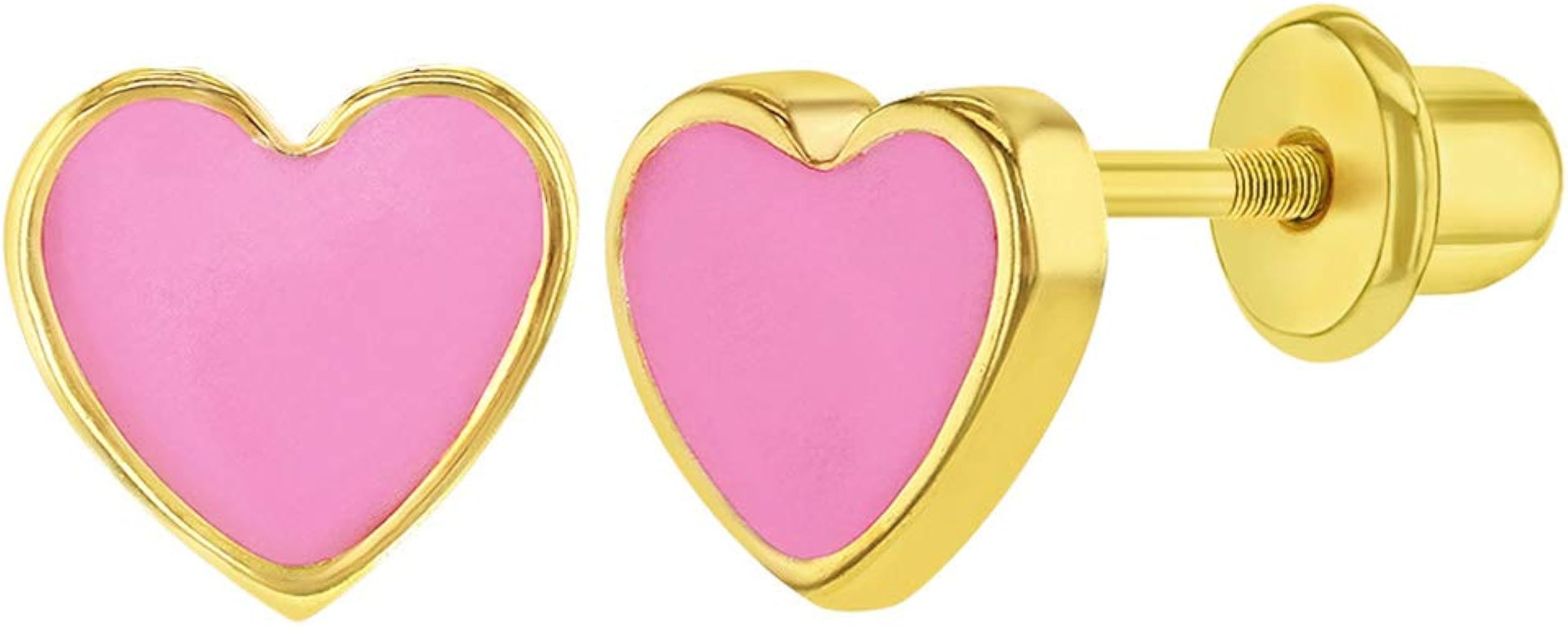 18k Gold Plated Pink Enamel Heart Girls Toddlers Screw Back Earrings | Amazon (US)