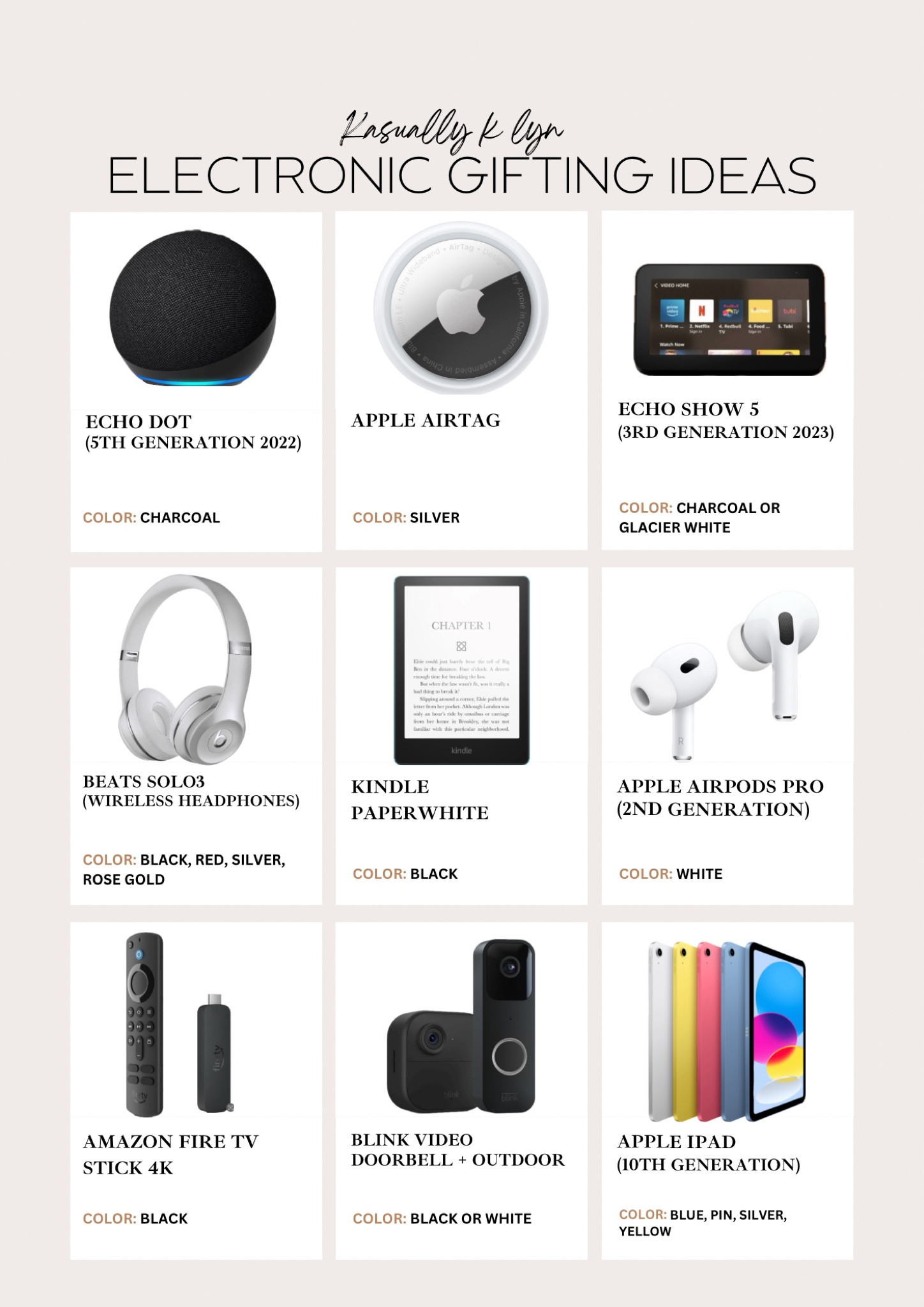 Amazon Best Sellers in Electronics! Apple Airtag, Echo Dot (5th generation 2022), Apple AirPods Pro (2nd Generation wireless ear buds, Amazon Fire TV Stick 4K, Echo Show 5 (3rd Generation 2023), Blink Video Doorbell and Motion Camera, Kindle Paperwhite, Beats Solo3 Wireless Headphones, Apple iPad (10th Generation)

#LTKfamily #LTKGiftGuide #LTKhome