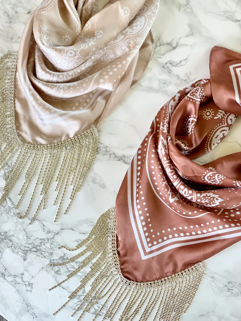 AS SEEN ON WHITNEY RIFE!! “GB ORIGINAL" Crystal Fringe Satin Bandana in Rust | Glitzy Bella