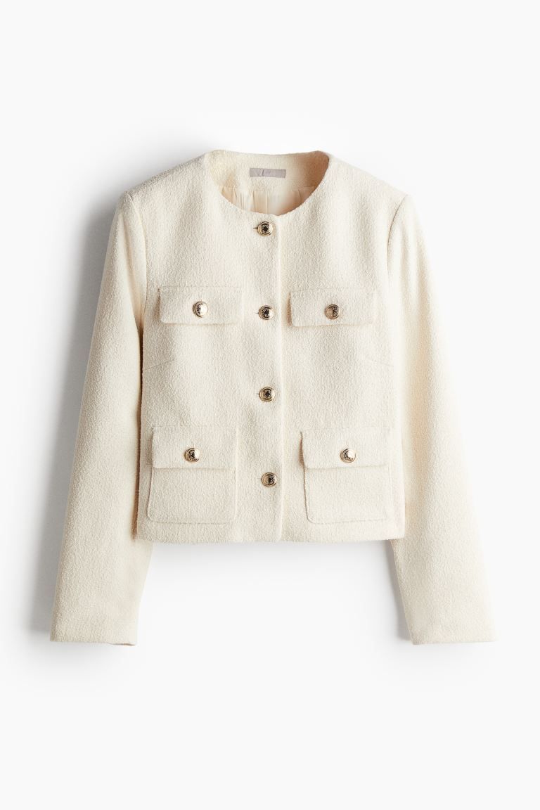 Textured-weave Jacket - Round Neck - Long sleeve - Cream - Ladies | H&M US | H&M (US + CA)