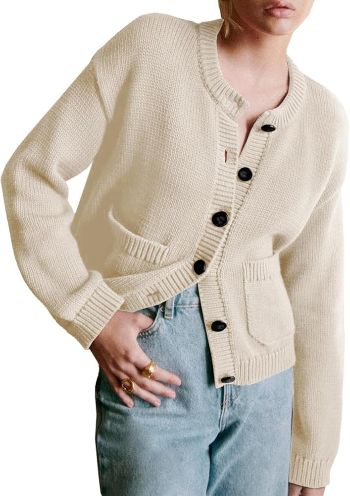 Yousify 2024 Women's Cropped Cardigan Sweaters Fall Long Sleeve Crew Neck Chunky Button up Sweate... | Amazon (US)