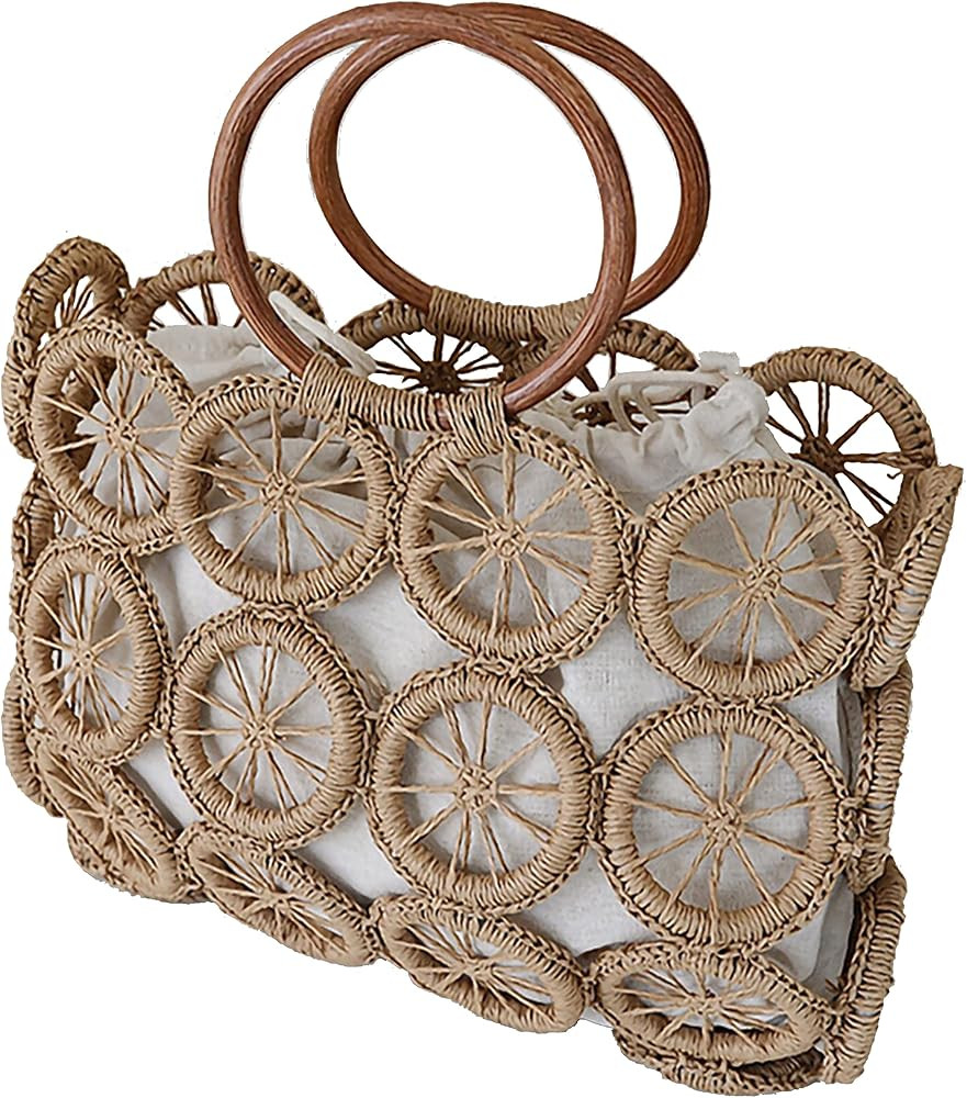 DOLYANG Retro Handwoven Rattan Tote Bag for Women Summer Beach Natural Straw Bag Round Ring Handle H | Amazon (US)