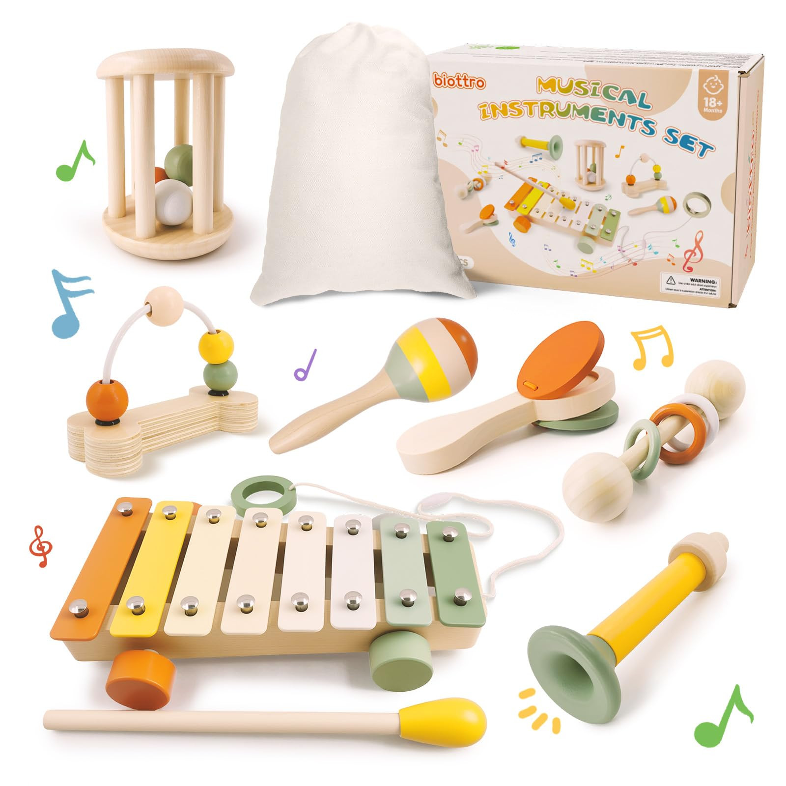 Musical Instruments 7PCS Baby Musical Toys for 18M+ Toddler Boy Girl Toys 2 3 Years Old Wooden Xylophone Maraca Trumpet Rattle, etc. (Storage Bag Included) | Amazon (US)