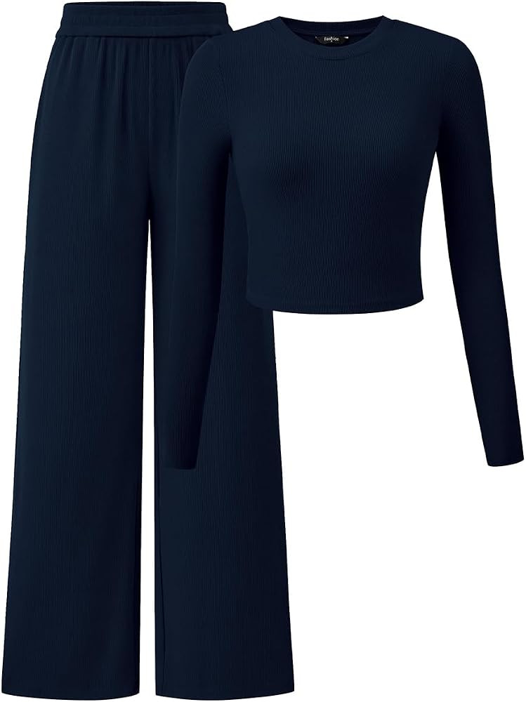 PRETTYGARDEN Women's 2 Piece Outfits Long Sleeve Bodycon Knit Crop Tops Wide Leg Pants Casual Tra... | Amazon (US)